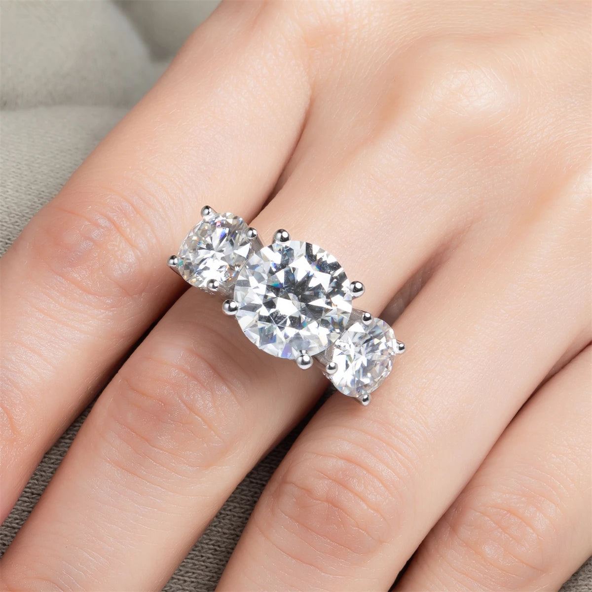 AnuJewel 11cttw D Color Moissanite Diamond Luxurious Engagement 925 Sterling Silver Ring For Women 3 Stone Ring Customs Jewelry