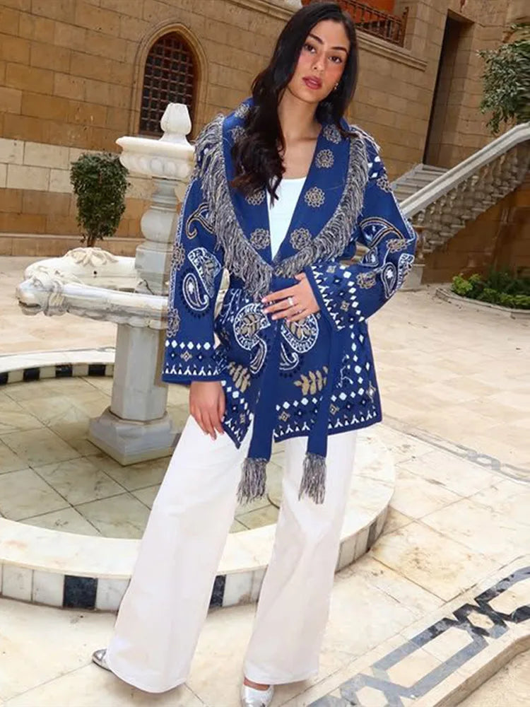 Gem Print Knit Tassel Cardigan Lapel Tie Loose Long Sleeve 2026 Autumn Chic Women Boho Street Daily Fashion Ladies Knitwear