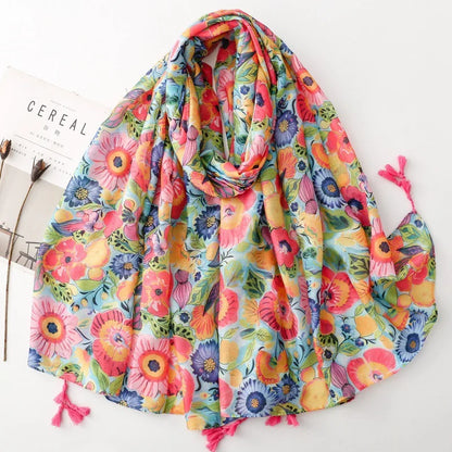 Spain Fashion Petal Floral Tassel Viscose Shawl Scarf Lady High Quality Print Soft Pashmina Stole Bufandas Muslim Hijab 180*90Cm