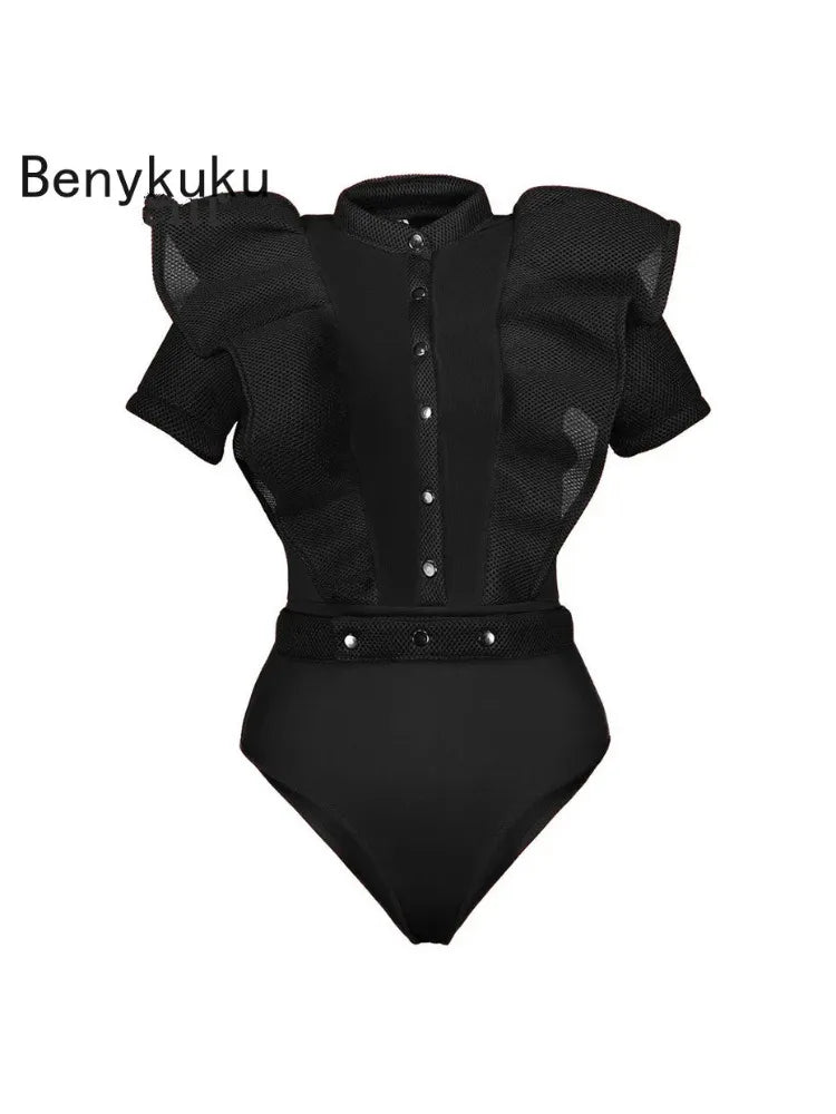 Black Jumpsuits For Women Gothic Combinaison Femme Sexy Party Body Tops Women One Piece Mesh Bodysuit Womens Clothing Romper