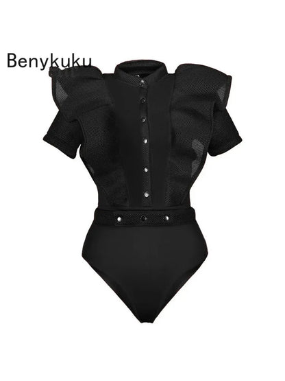 Black Jumpsuits For Women Gothic Combinaison Femme Sexy Party Body Tops Women One Piece Mesh Bodysuit Womens Clothing Romper