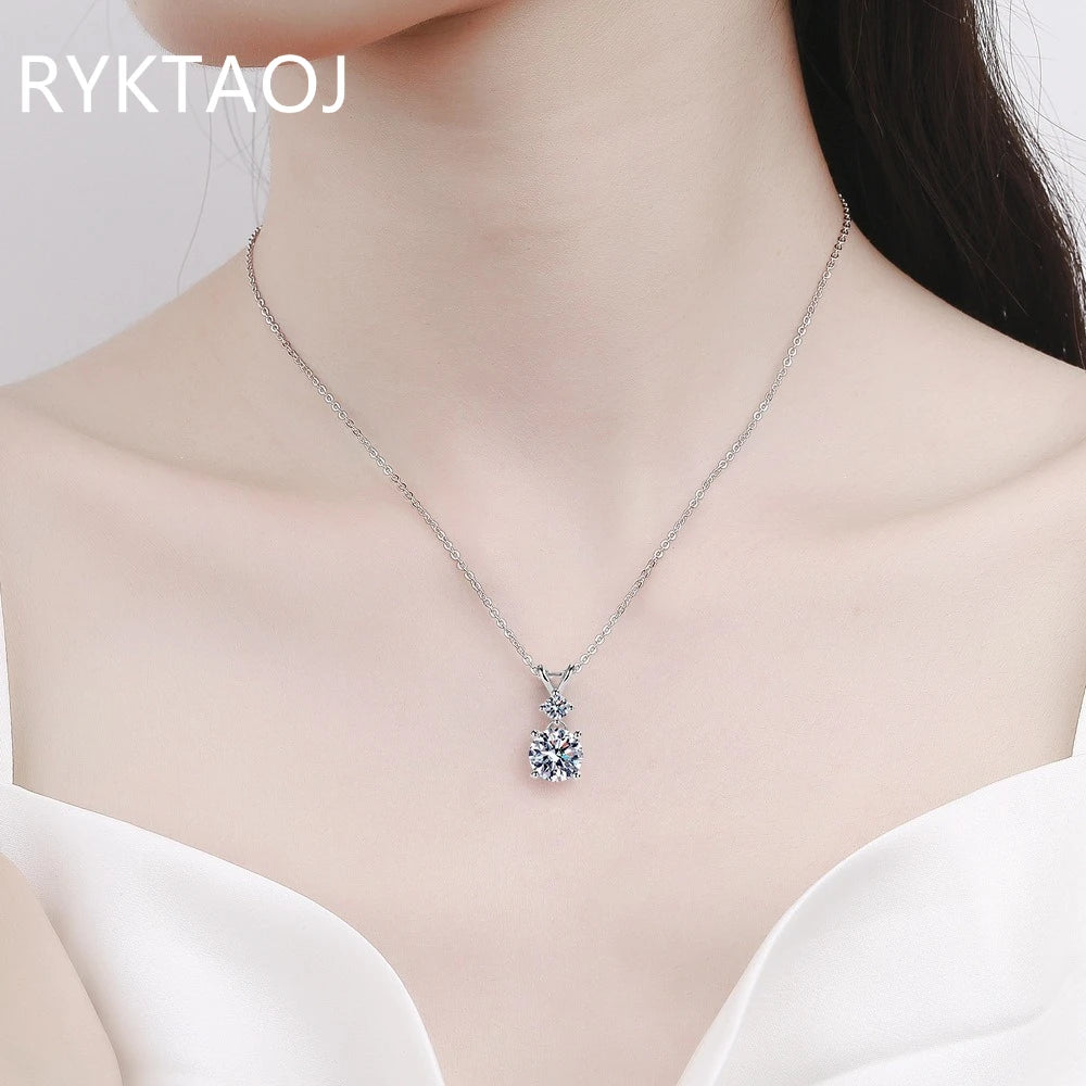 925 Sterling Silver Bowknot Moissanite Pendant Necklace for Women Round 2 Stone Solitaire Necklace Wedding Party Jewelry Gift