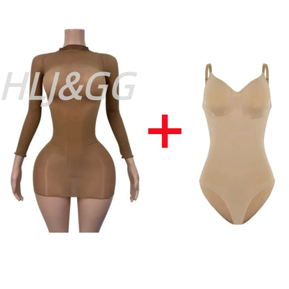 HLJ&GG Sexy Mesh See Through Bodycon Jumpsuits And Bodysuits Suits Women Long Sleeve Stretchy Playsuits Party Night Club Overall
