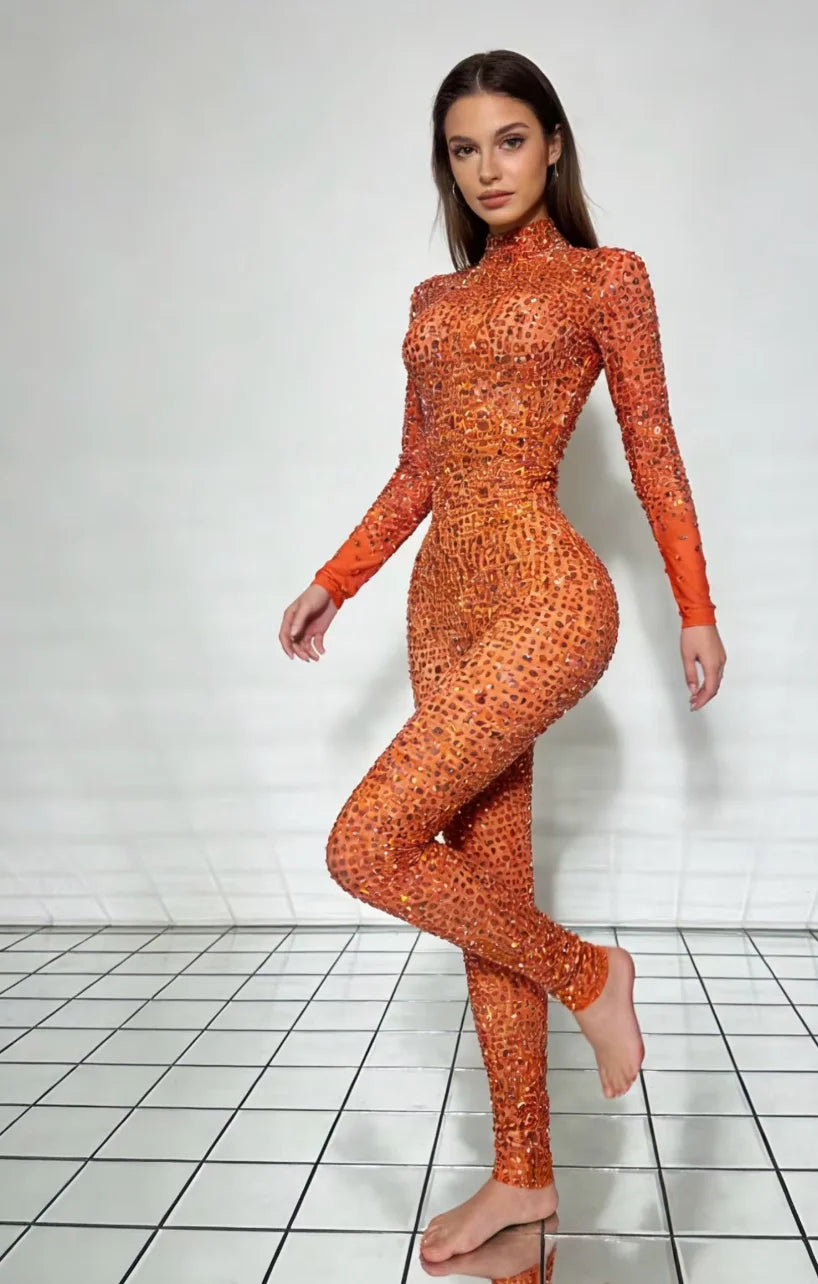 Mono sexy long sleeves birthday party rhinestone jumpsuits plus size women slim fit romper club dancer bodysuits festival outfit