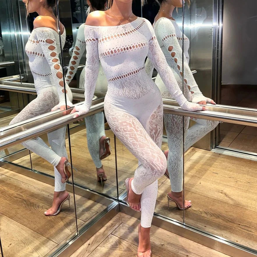 FAGADOER Spring Summer New Sexy Jumpsuits Women See Through Hollow Out Rhinestone Patchwork Rompers Female Streetwear Overalls