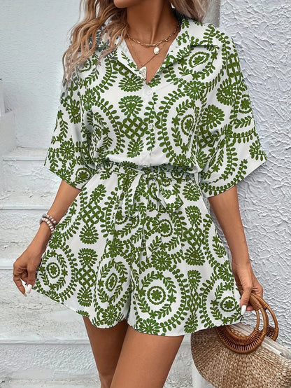 Fashion Printed Chic Jumpsuits Shorts Summer Women V-neck Casual Beach Vacation High Waist Leace-up Bodysuits Fashion Streetwear