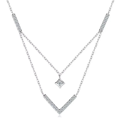 Lnngy Sparkling 3mm&1.8mm Round Moissanite Necklace 925 Sterling Silver Fashion V-Shape Necklaces for Women Fine Jewelry Gift