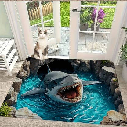 Shark 3D Printed Flannel Rug Ocean Cave Design Indoor Floor Mat Marine Animal Theme Home Decor Living Room Entrance Art Pet
