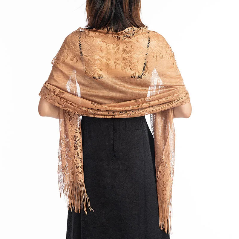 Korean Women Summer Thin Hollow Flower Long Tassel Party Cloak Sunscreen Shawl Sun Clothing Travel Towel Lace Evening Dress Scar