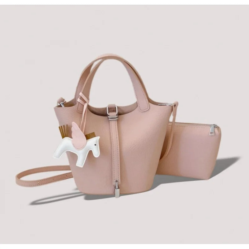 Fashion Vegetable Basket Bucket Bag Women's Autumn New Lychee Pattern Shoulder Bag Simple Solid Color Niche Messenger Bag