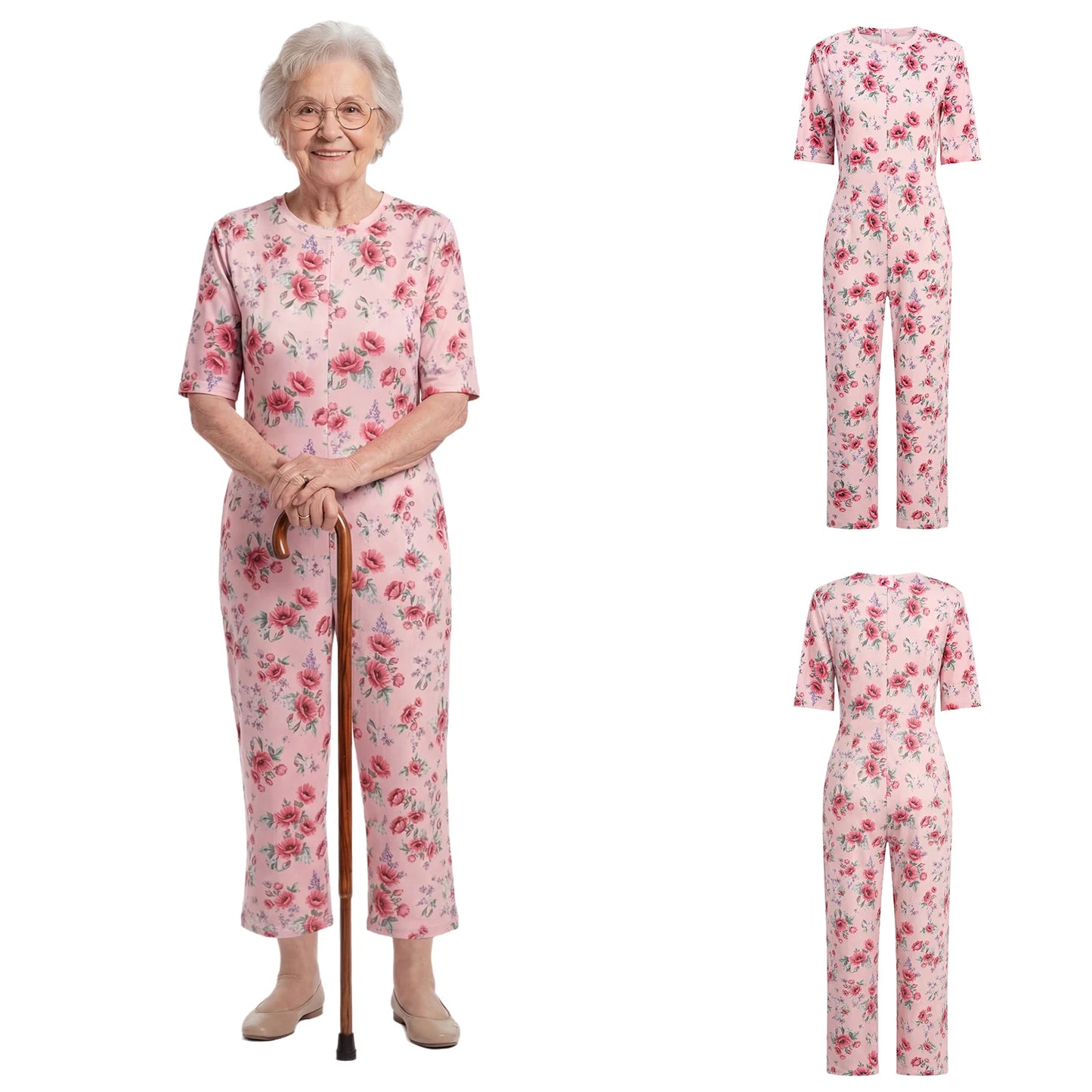 Women Special Need Adaptive Clothing Elderly Alzheimer Dementia Back Zipper Anti-Strip Nursing Jumpsuit Homewear Sleepwear