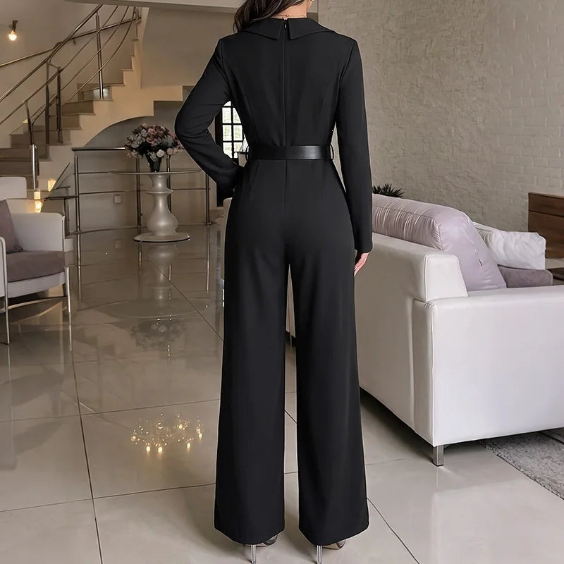 Fashion Solid Double Breasted Commute Rompers Fall Winter New High Waist Split Playsuits High Street Long Sleeve V-neck Jumpsuit