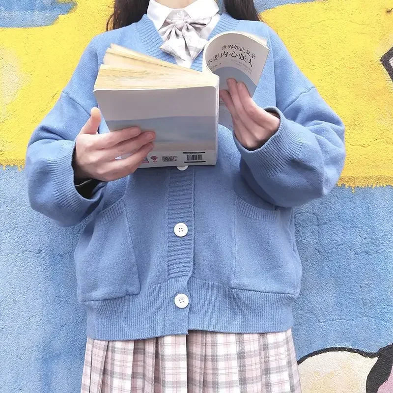 Japan School Sweater Spring Autumn V-neck Cotton Knitted Sweater College Style JK Uniform Cardigan 5 Color Student Girls Cosplay