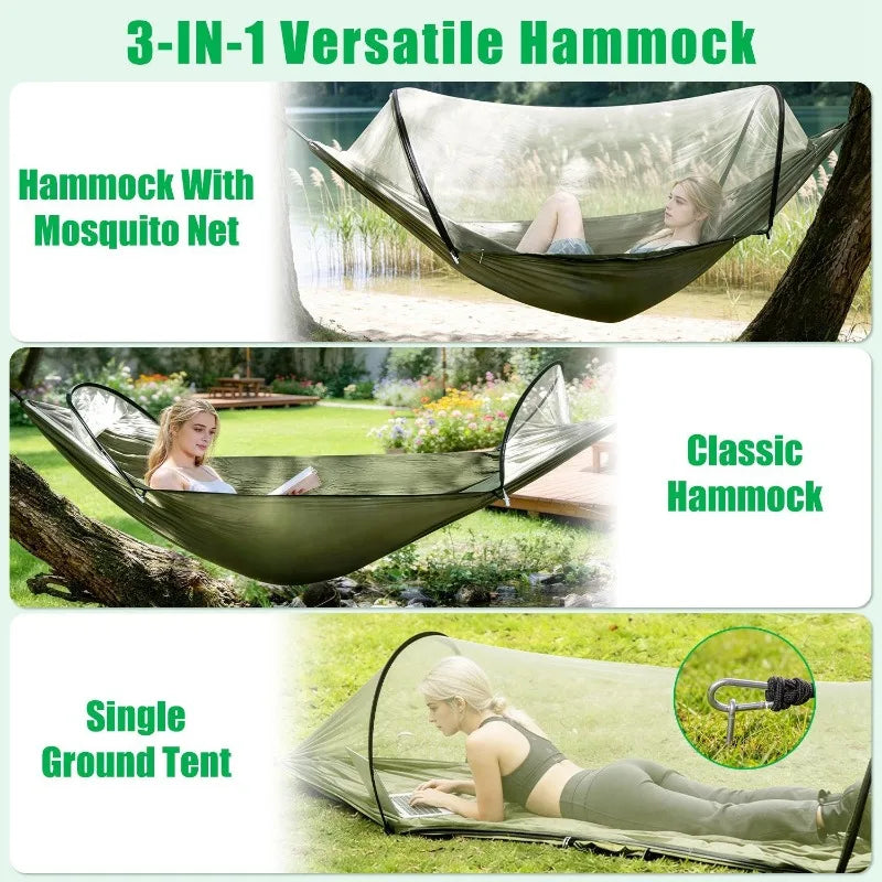 3-in-1 Camping Hammock with Automatic Pop-Up Mosquito Net, Lightweight 70D Nylon Portable Hammock Supports 440lbs, Dual Zipper Outdoor Hammock for Camping Hiking Backpacking Beach Backyard