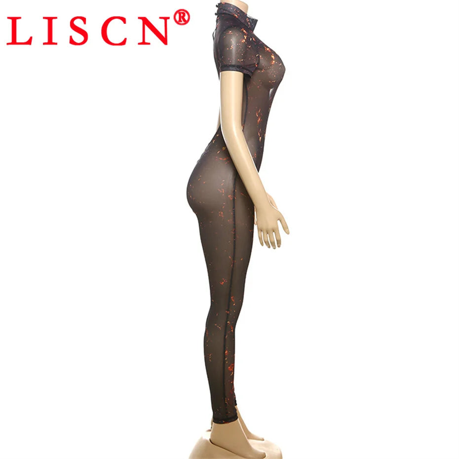 10 Wholesale Items Jumpsuits Women Summer 2025 Short Sleeve Bodycon Sexy Y2k Printing Mesh See Through Backless Rompers K15151