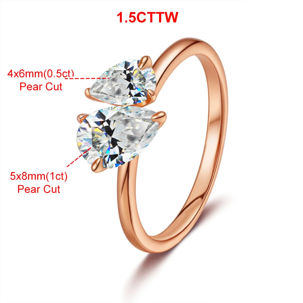 1.5cttw Double Pear Cut Moissanite Diamond Ring for Women Two Stone Toi Et Moi Wedding Bands 925 Silver 18k Gold Plated Jewelry