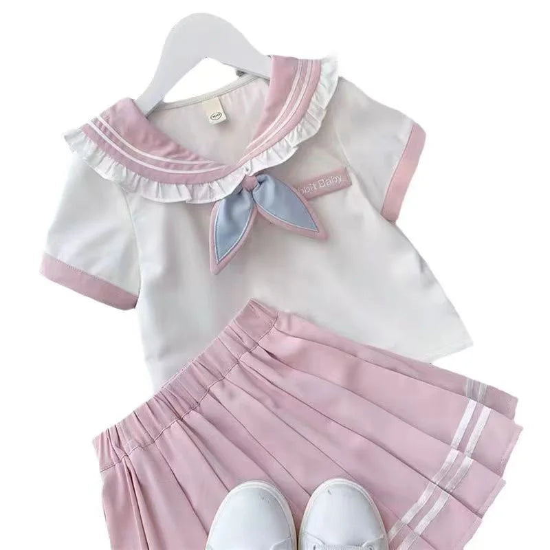 Summer Children Girls Student Uniform Set kids JK Mandarin Collar T-shirts and Pleated Skirts 2 Pieces Suit Kid School Uniform