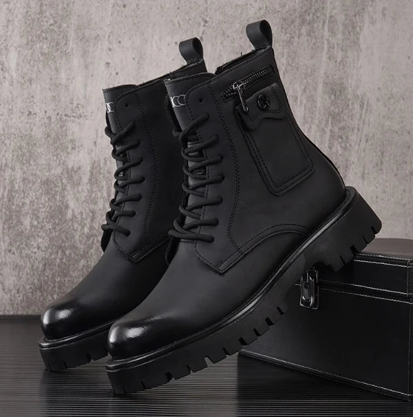 Summer Men's Hollow Ankle Boots Breathable Height-increasing Leather Motorcycle Boots Autumn Men Thick-soled High-top Shoes