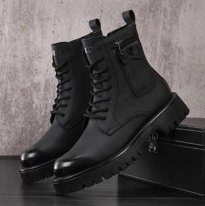 Summer Men's Hollow Ankle Boots Breathable Height-increasing Leather Motorcycle Boots Autumn Men Thick-soled High-top Shoes
