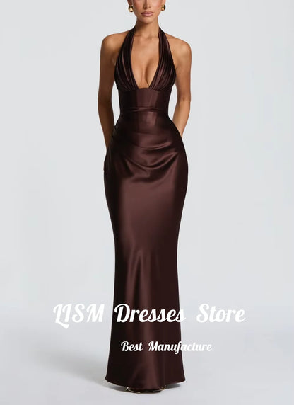 Lism Simple Satin Sheath Formal Evening Dress Women 2026 Halter Sleeveless Pleat Open Back Prom Dress Party Gowns Customized