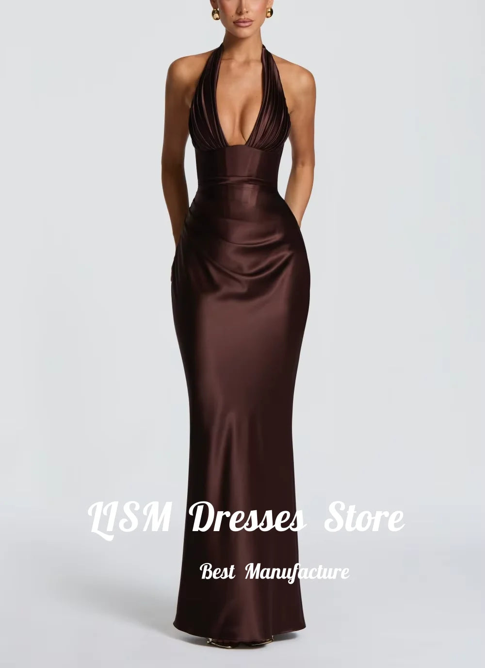 Lism Simple Satin Sheath Formal Evening Dress Women 2026 Halter Sleeveless Pleat Open Back Prom Dress Party Gowns Customized