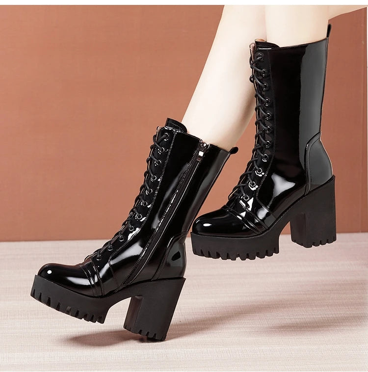 10cm Small Size 32-43 Fall Winter Genuine Leather Boots Platform Shoes 2026 Womens Block High Heels Mid Leg Boots Office Model