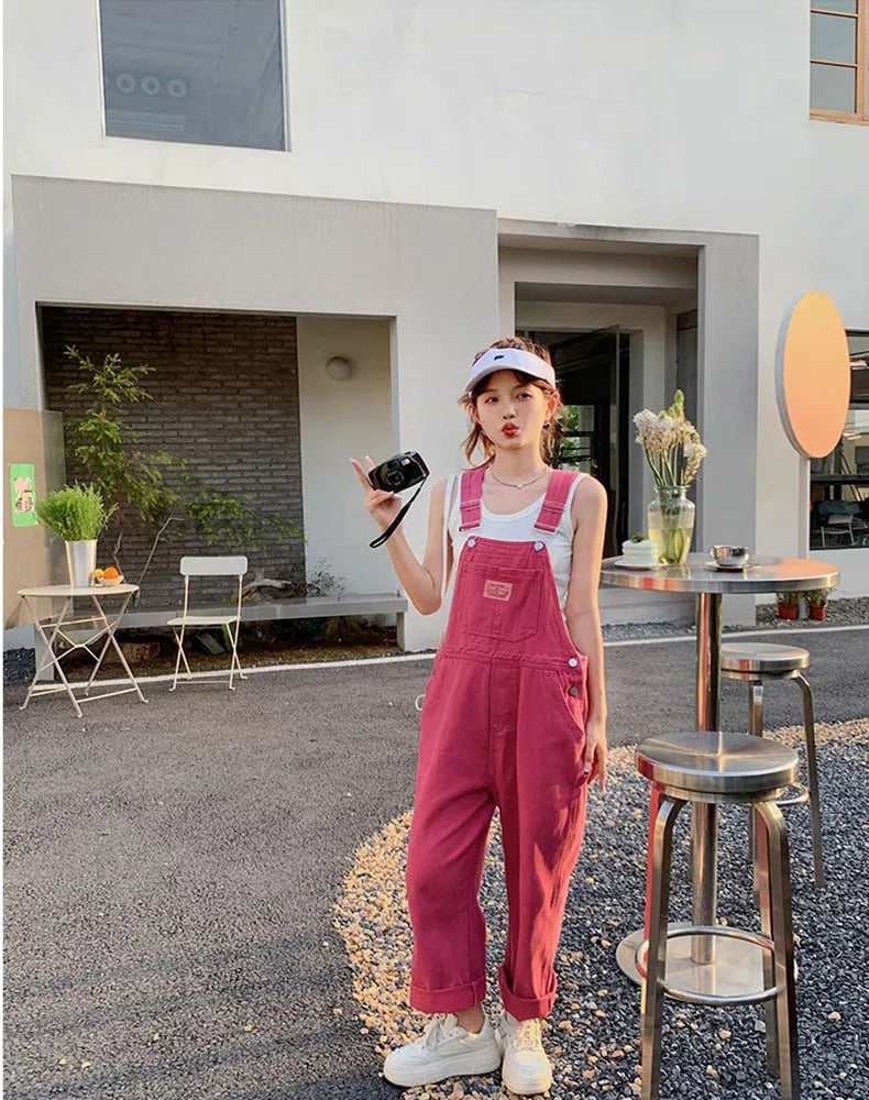 Vintage Pink Denim Overalls Adjustable Strap Wide Leg Jumpsuit Y2K Cute Campus Casual Pants