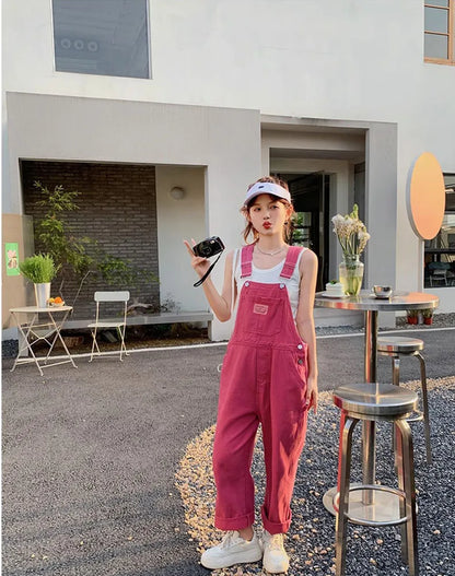 Vintage Pink Denim Overalls Adjustable Strap Wide Leg Jumpsuit Y2K Cute Campus Casual Pants