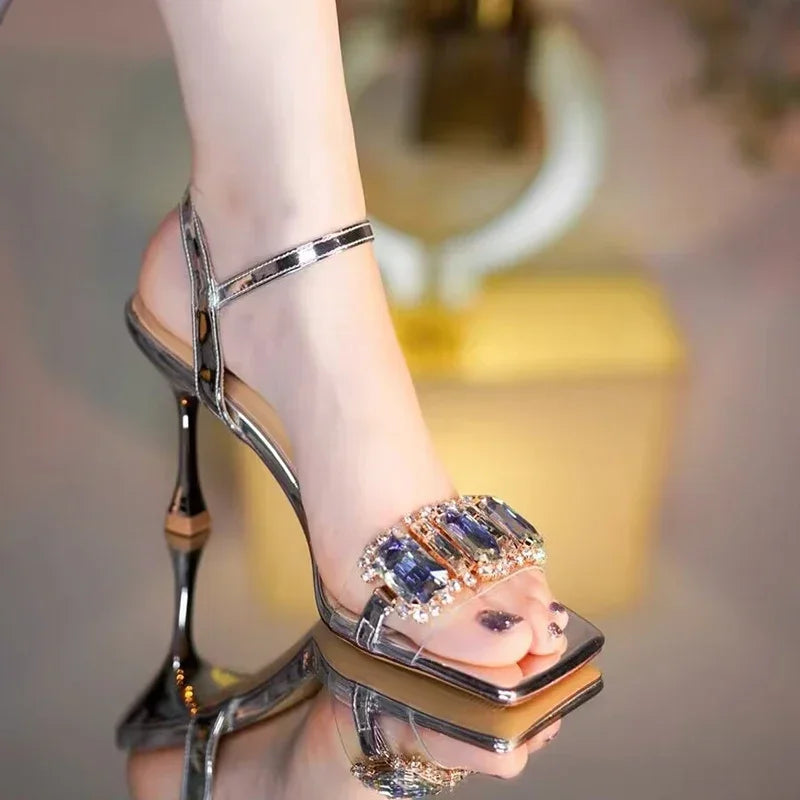 Gold Silver High Heels Sandals Women 2025 Summer Square Toe Shiny Crystal Sandals Woman Ankle Straps Thin Heel Party Pumps Shoes