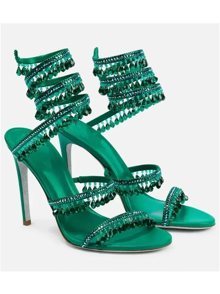 2026Women's New Water Diamond Sandals Fashion Tassel Crystal Shoes Sexy Banquet Party Twin Stiletto Women's Large Sandals