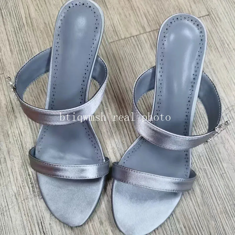 2025 Newest Rhinestone Sandals Woman Open Toe Pink Puple Luxury Satin High Heels Lady Sexy Muller Slippers