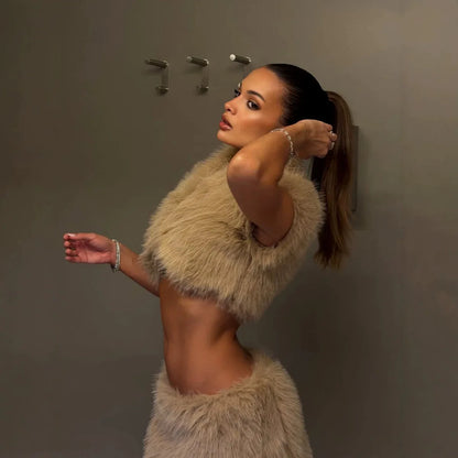 Women Faux Fur Short Coats Jackets 2 Piece Set Thick Warm Skirts Sets Y2k Streetwear Jacket Elegant Short Skirt Autumn Winter