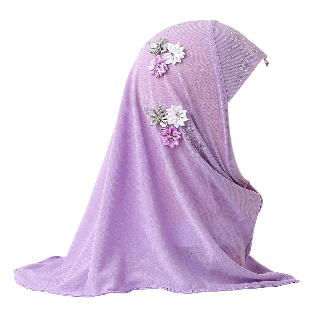 BOHOWAII Kids Girls Muslim Instant Hijab Ready To Wear Islamic Shawls Turban with Flowers Scarfs Jersey Head Wrap (2-7 Y)