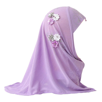 BOHOWAII Kids Girls Muslim Instant Hijab Ready To Wear Islamic Shawls Turban with Flowers Scarfs Jersey Head Wrap (2-7 Y)