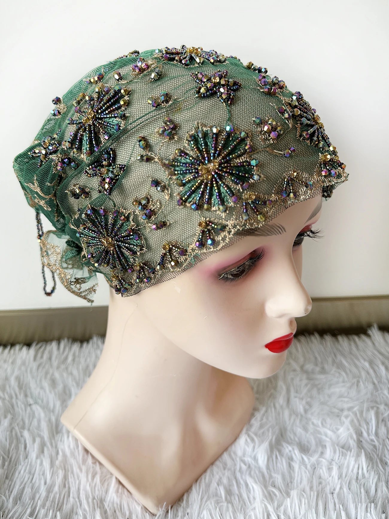 High Quality Lace handcrafted Beaded Turban Hat Female Head Wraps Caps Muslim Women Headscarf Bonnet Ready to Wear Inner Hijabs