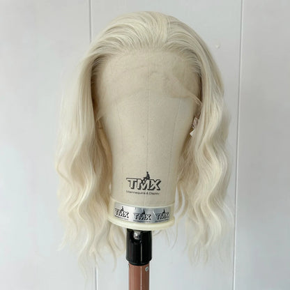 Short 60 Blonde Curly Wavy Synthetic Lace Front Bob Wigs for Women Pre Plucked Hairline Platinum White Deep Wave Daily Party Use