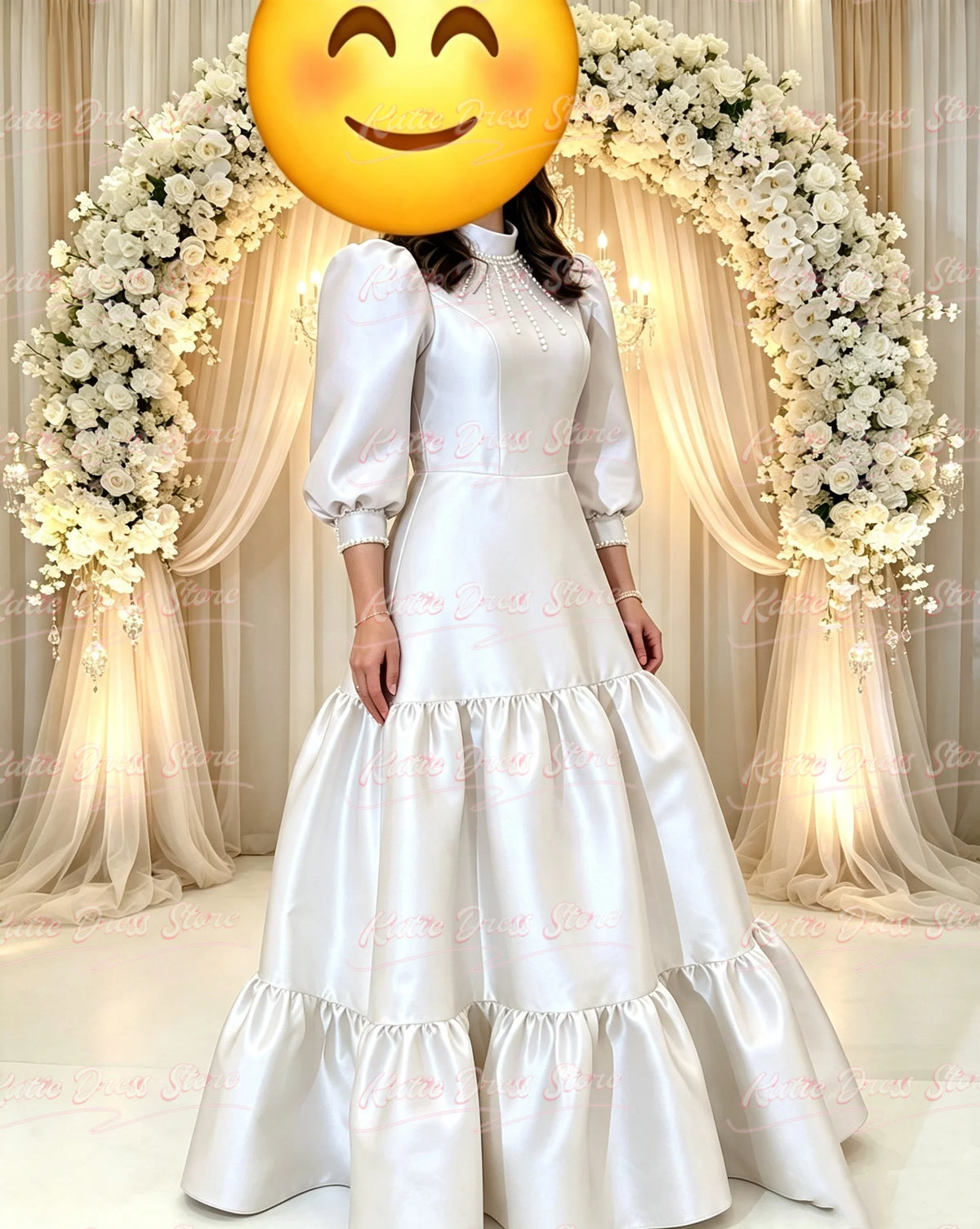 Satin Bridesmaid Dress For Women Balloon Sleeve A-line High Neck WIth Pearls Birthday Party Evening Ball Gown Customized