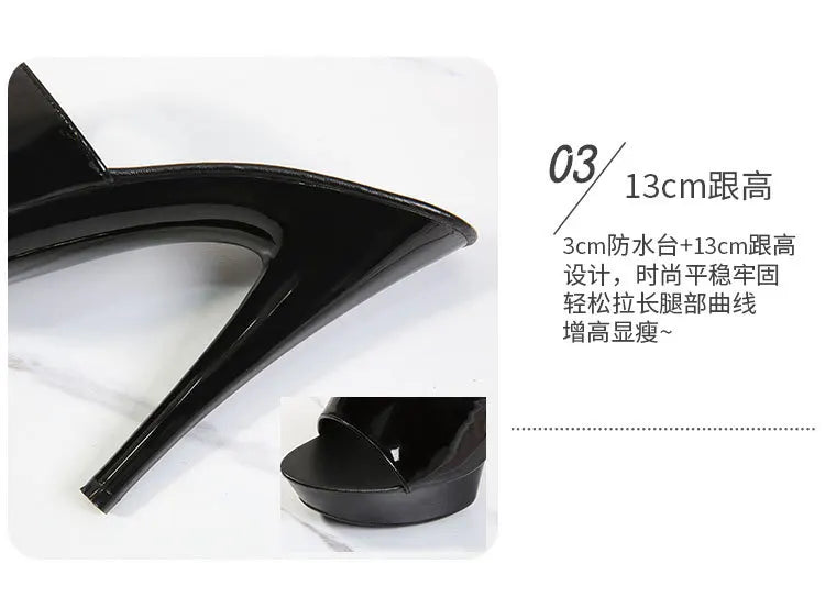 13CM Woman Slippers Mule Patent Leather Sandals Sexy Fashion Slides Party Shoes for Women Luxury Black Summer Platform Sandals