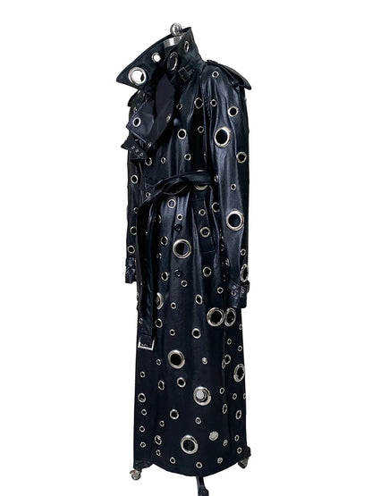Nerazzurri Autumn Oversized Extra Long Pu Leather Trench Coat for Women Holes Hollow Out Luxury Designer Emo Streetwear Overcoat
