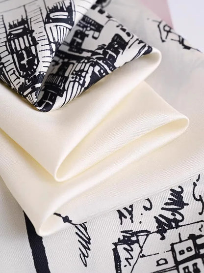 Black White View Print Twill Silk Scarf 90x90cm Women Fashion Square Neck Scarf Satin Kerchief Head Wrap Bandana Bag Decoration