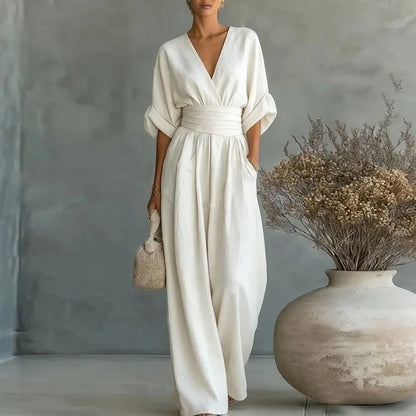 OL Style Solid High Waist Draped Jumpsuits Woman 2026 Spring V Neck Wide Leg Trousers Overalls Casual Half Sleeve Rompers Outfit
