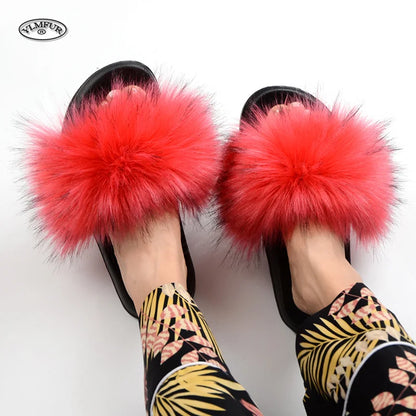 Women's Summer Faux Fur Fox Fur Slippers Fashion Luxury Indoor and Outdoor Non-Slip Solid Color Flat Bottom Furry Sandals