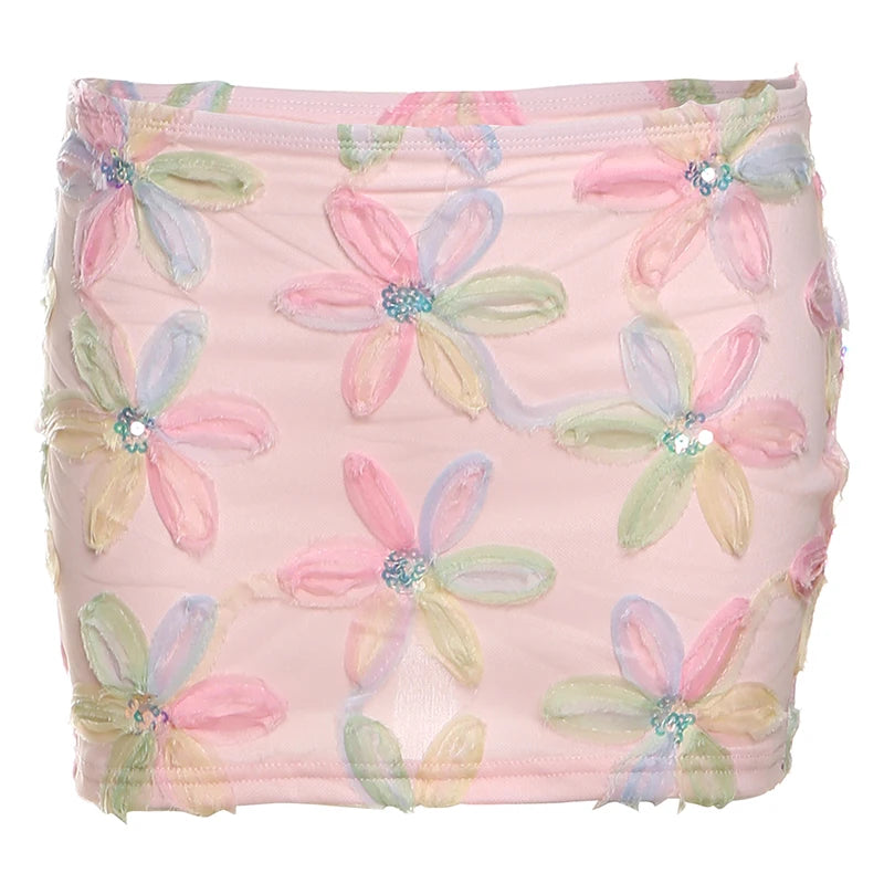 Weird Puss Colorful Flowers Skirts Women Sequins Patchwork Mesh Summer Trend Sweet Street Party Casual Holiday Chic Mini Bottoms