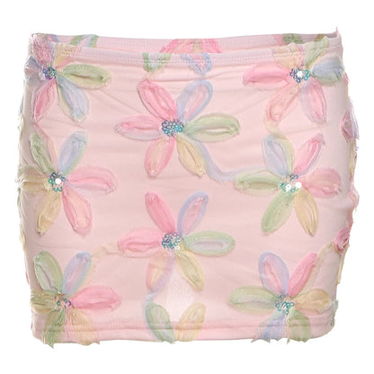Weird Puss Colorful Flowers Skirts Women Sequins Patchwork Mesh Summer Trend Sweet Street Party Casual Holiday Chic Mini Bottoms