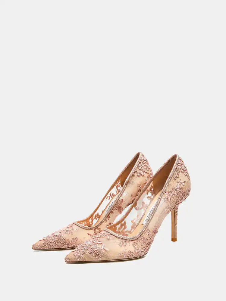 Women heels 2025 pink mesh lace Women's elegant high heels Luxury Brand Shallow Pointed Toe Sexy Pumps Ladies Prom Shoes Women