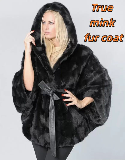 2026 Women's New Mink Fur Bat Top, Hooded Shawl Jacket, Real Mink Fur Leather Jacket