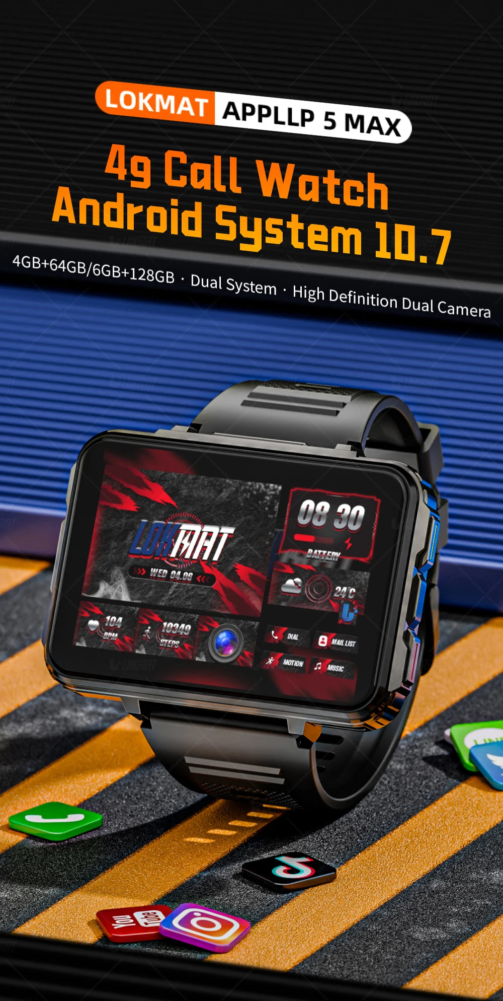 LOKMAT APPLLP 5 MAX  Android Watch Phone Square Big Screen Wifi 4G Calls Smartwatches Dual Camera with Flashlight Gaming Watch