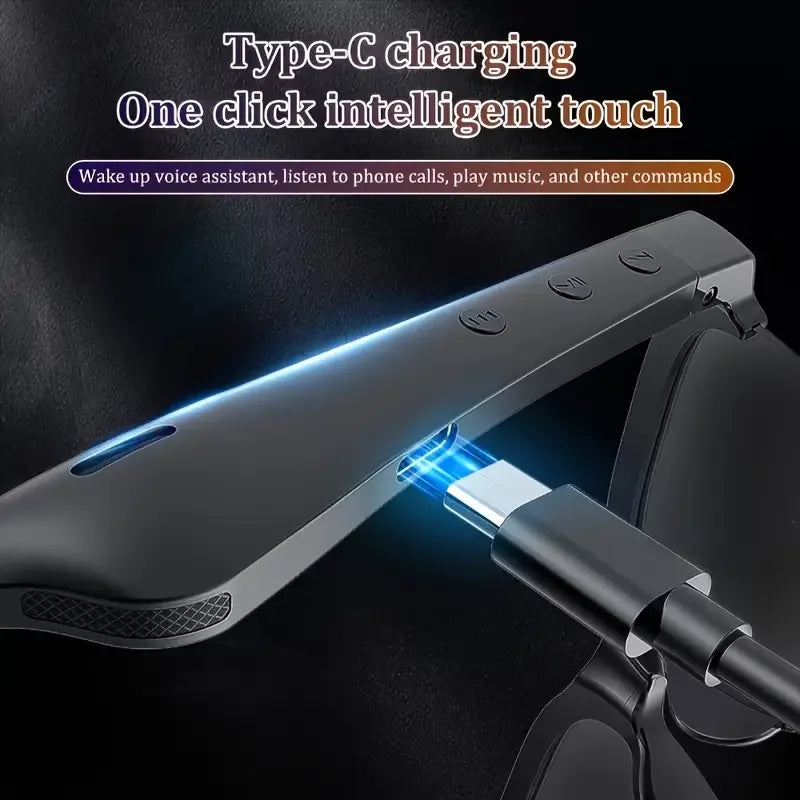 Smart Glasses Wireless Hi-Fi Headphones, Dual Speakers, Touch Controls, and USB-C Charging; supports calls and music playback.
