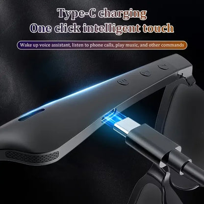 Smart Glasses Wireless Hi-Fi Headphones, Dual Speakers, Touch Controls, and USB-C Charging; supports calls and music playback.