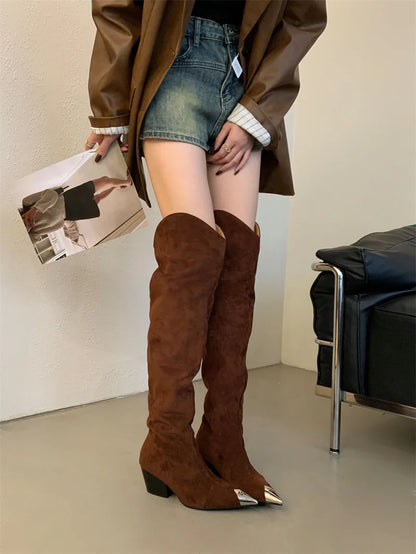 ZAROY Punk Metal Pointed Toe Knee High Boots Women Winter Retro Leopard Print Square Low Heels Pleated Western Cowboy Long Botas